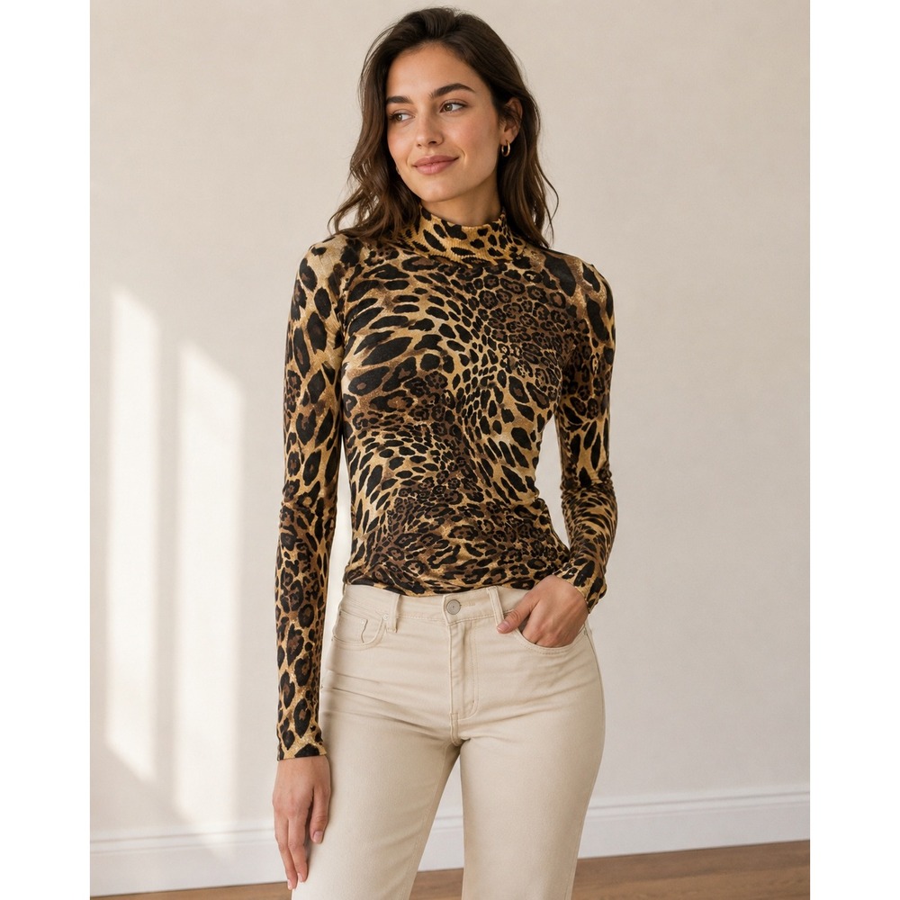 Cache Womens Leopard Print Mock Neck Long Sleeve Top Brown Animal Print Medium